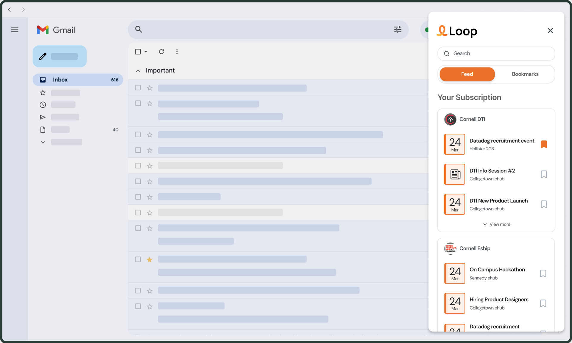 A browser page on the gmail website displaying the loop extension on the side of the screen with a list of events.